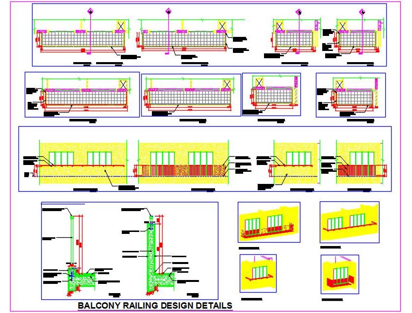 Balcony Railing Design DWG- MS & RCC Wall Railing Details